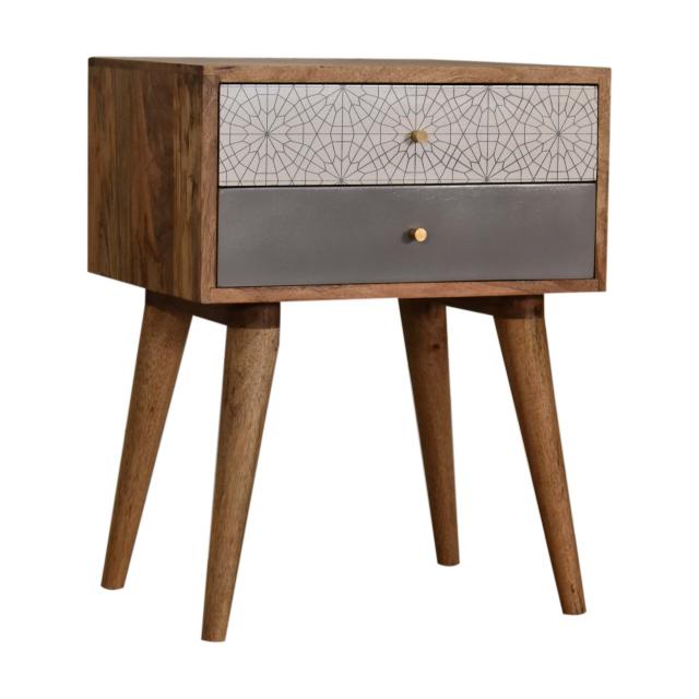Grey Patterned Bedside Table | Solid Mango Wood | Oak Finish | 2 Drawers
