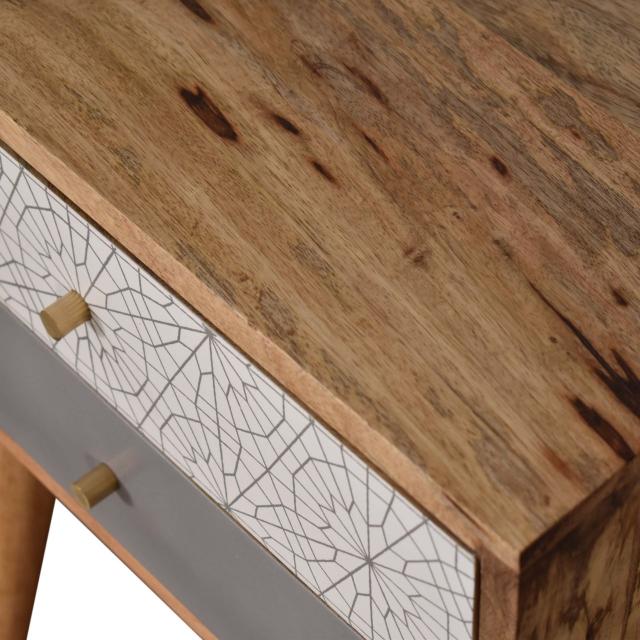 Grey Patterned Bedside Table | Solid Mango Wood | Oak Finish | 2 Drawers