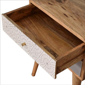 Grey Patterned Bedside Table | Solid Mango Wood | Oak Finish | 2 Drawers