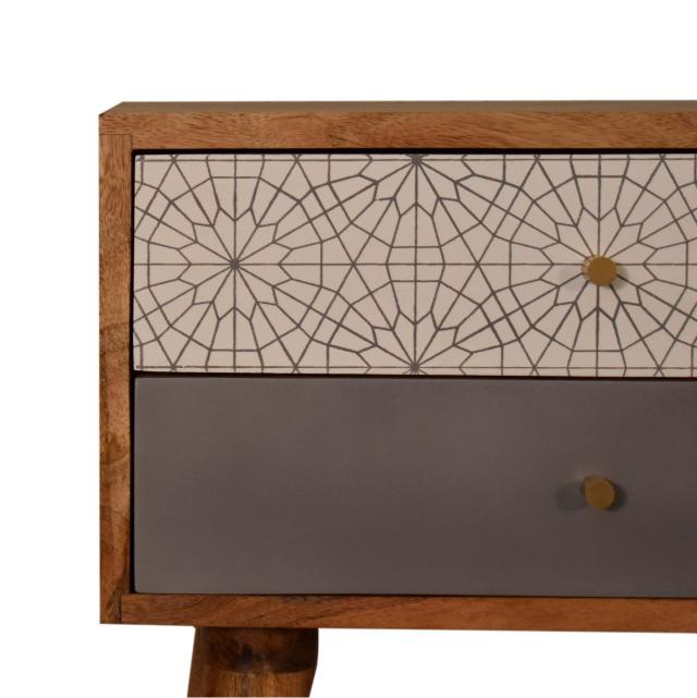 Grey Patterned Bedside Table | Solid Mango Wood | Oak Finish | 2 Drawers