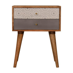 Grey Patterned Bedside Table | Solid Mango Wood | Oak Finish | 2 Drawers