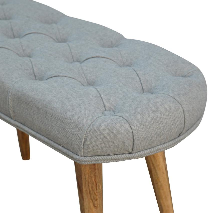 Grey Tweed Bedroom Bench | Deep Button Seat | Mango Wood Legs