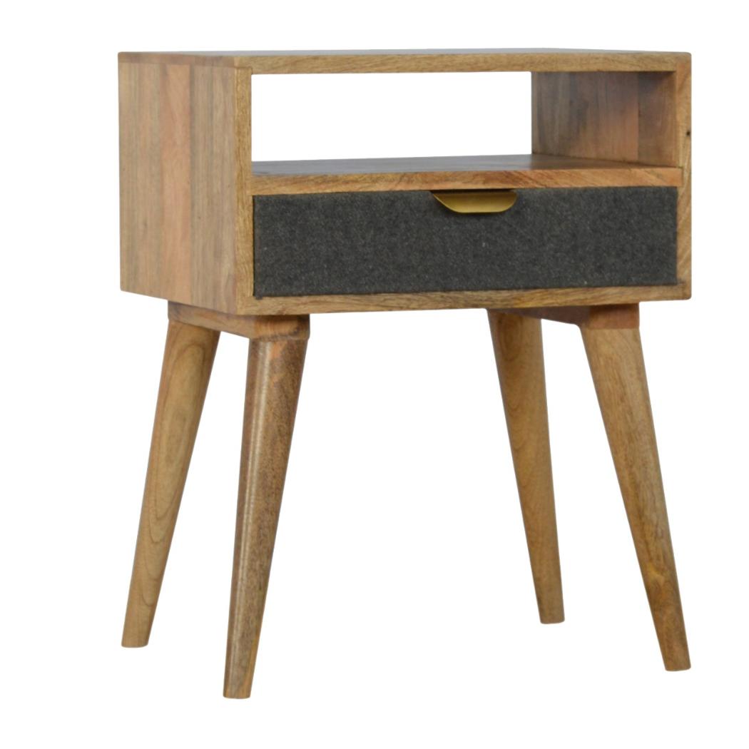 Grey Tweed Bedside Table | Open Slot Storage | Textured Accent Detail