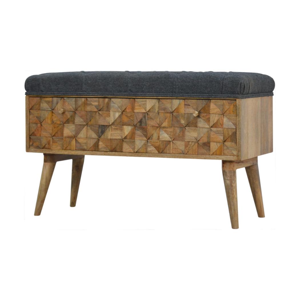 Grey Tweed Diamond Bench | Textured Upholstery | Versatile Home Seating