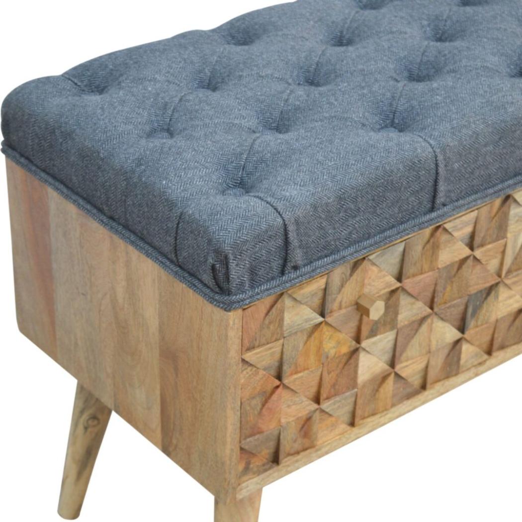 Grey Tweed Diamond Bench | Textured Upholstery | Versatile Home Seating