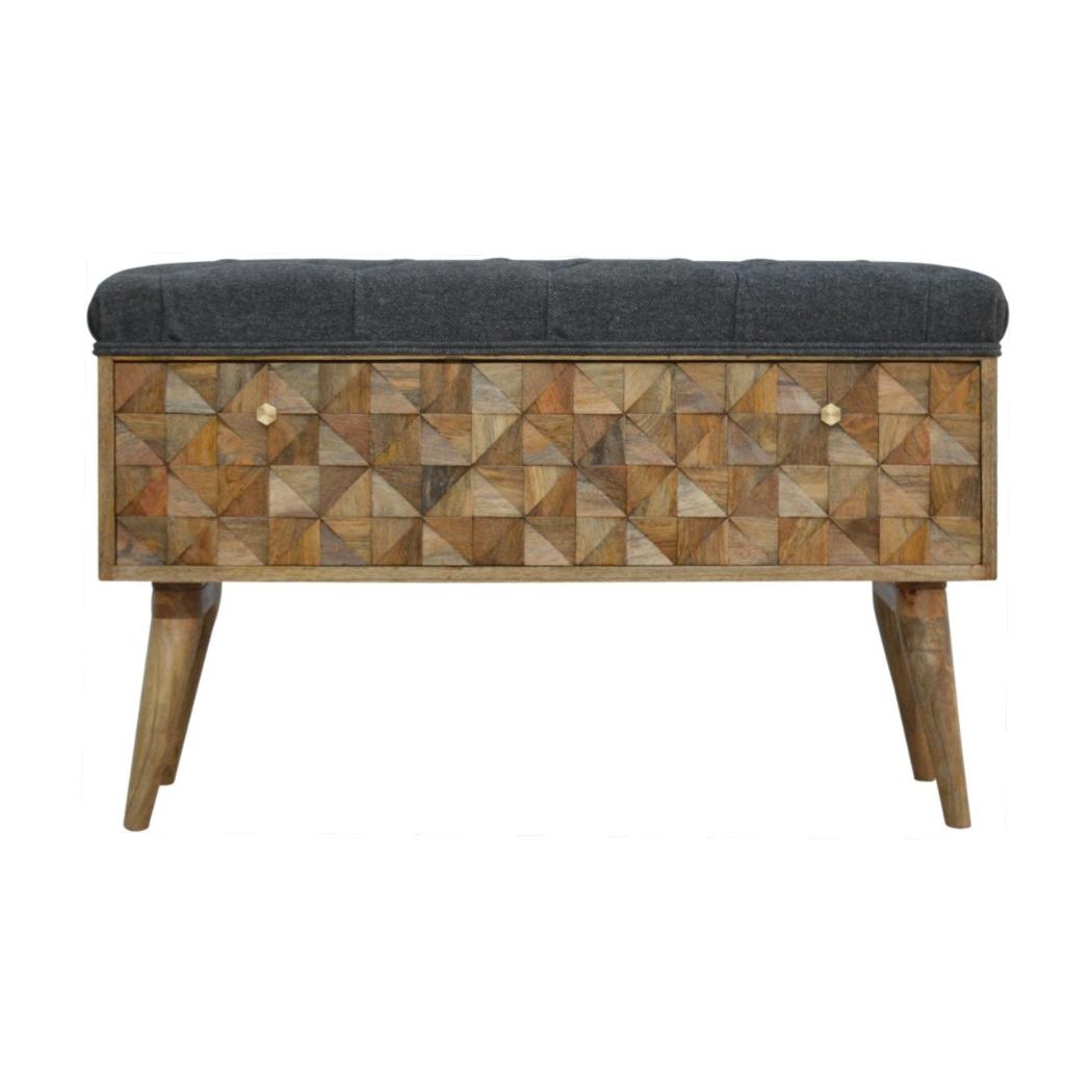 Grey Tweed Diamond Bench | Textured Upholstery | Versatile Home Seating