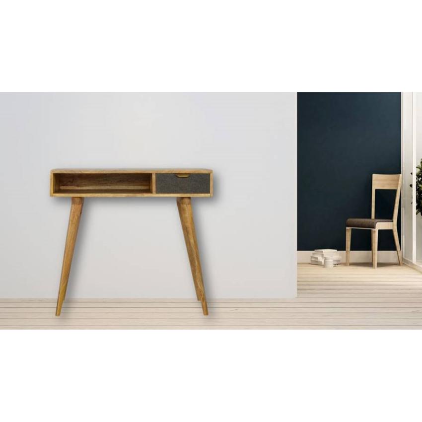 Grey Tweed Drawer Writing Desk | Open Shelf | Solid Wood