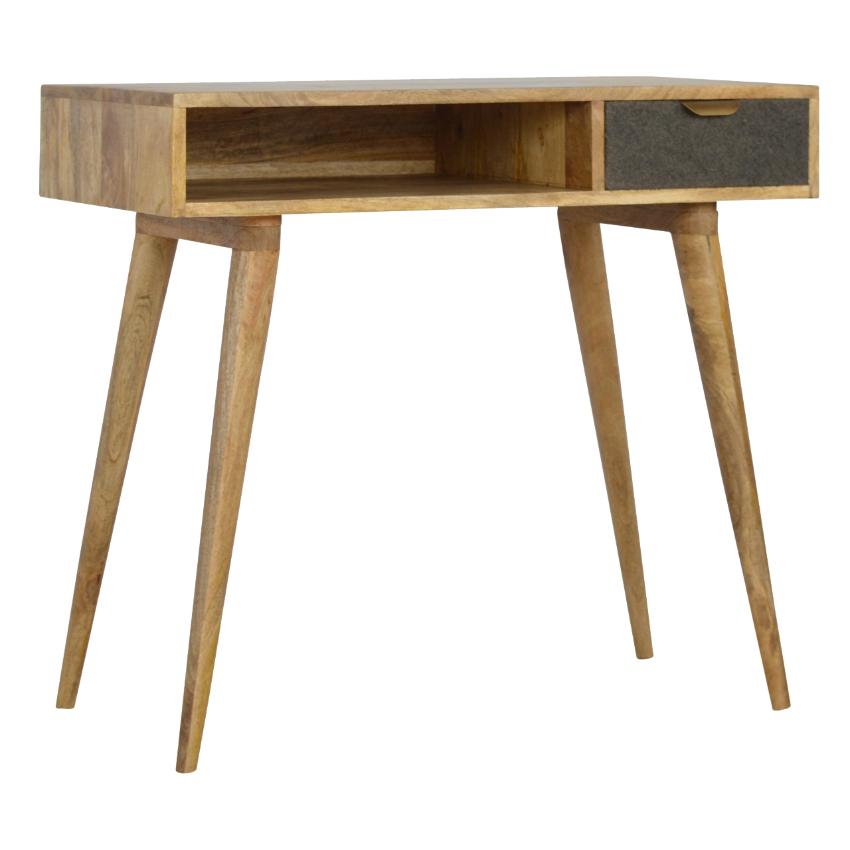 Grey Tweed Drawer Writing Desk | Open Shelf | Solid Wood