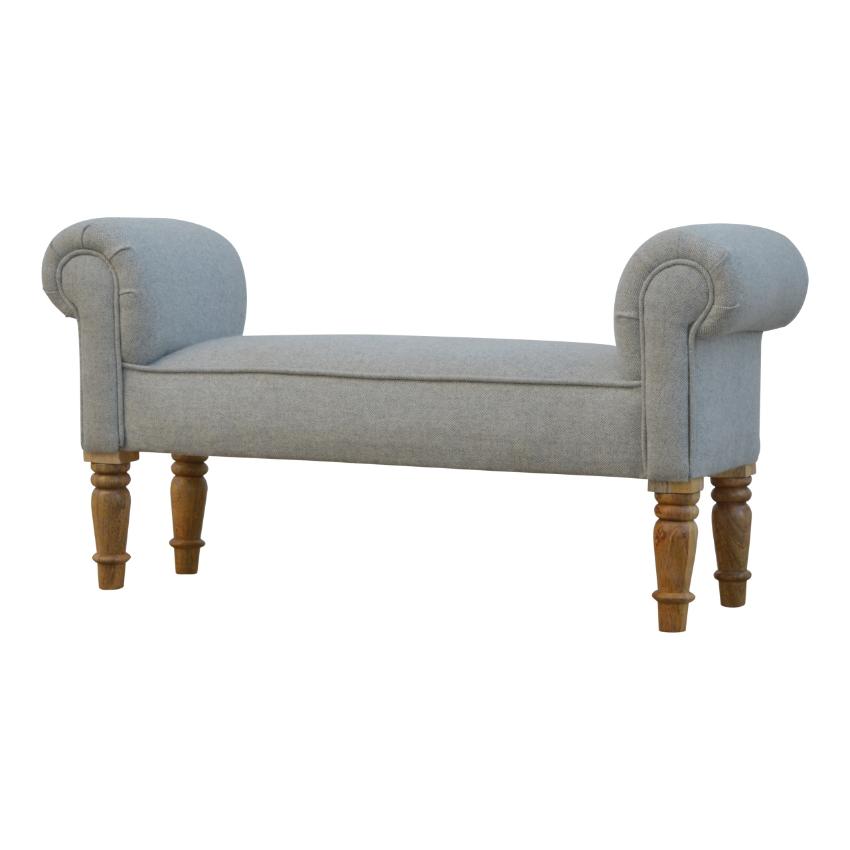 Grey Tweed Scroll Arm Bench | Turned Mango Wood Legs