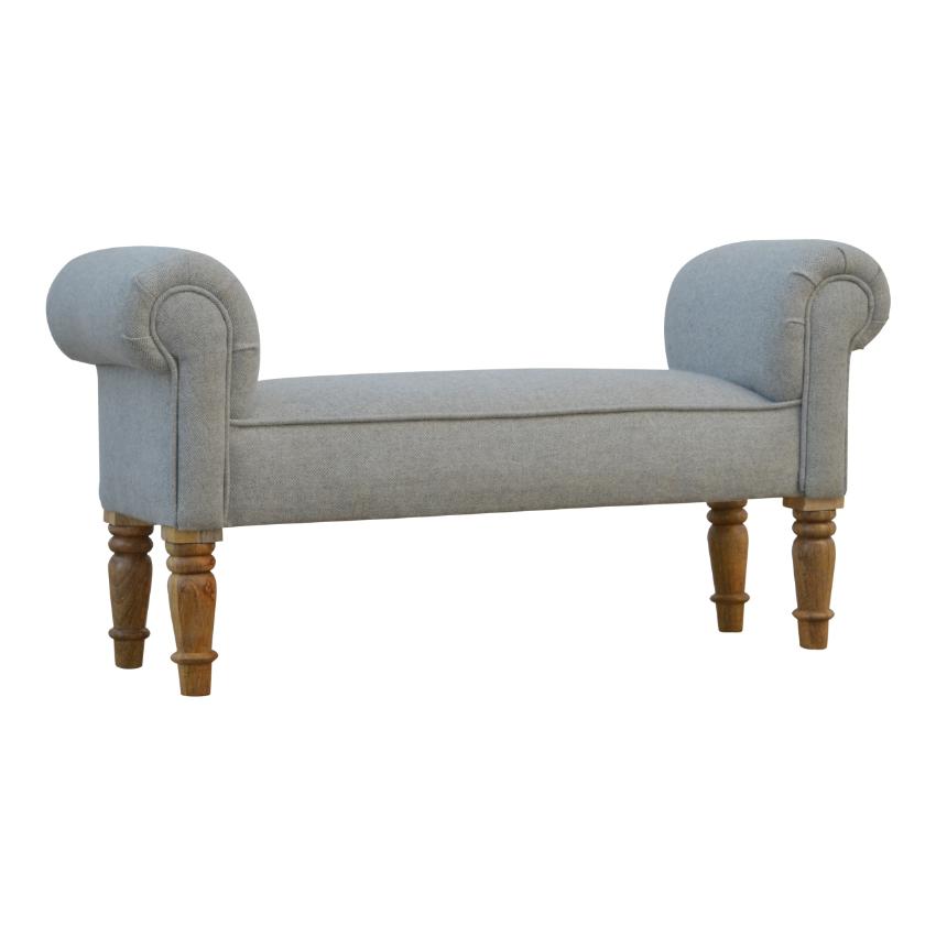 Grey Tweed Scroll Arm Bench | Turned Mango Wood Legs