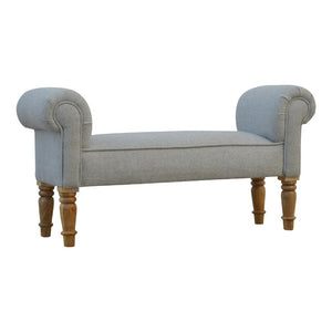 Grey Tweed Scroll Arm Bench | Turned Mango Wood Legs