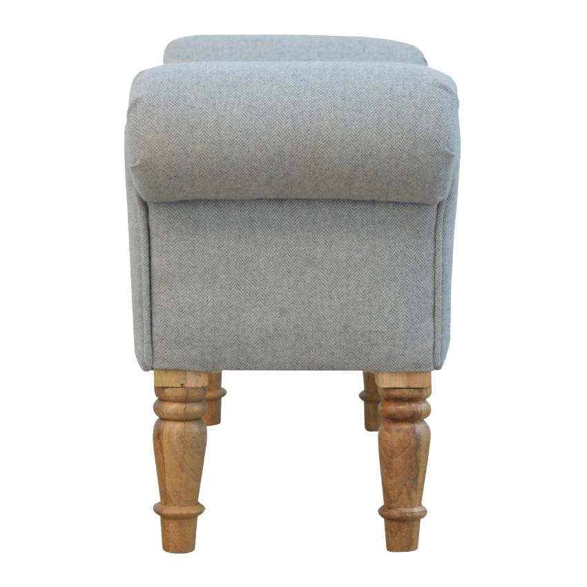 Grey Tweed Scroll Arm Bench | Turned Mango Wood Legs
