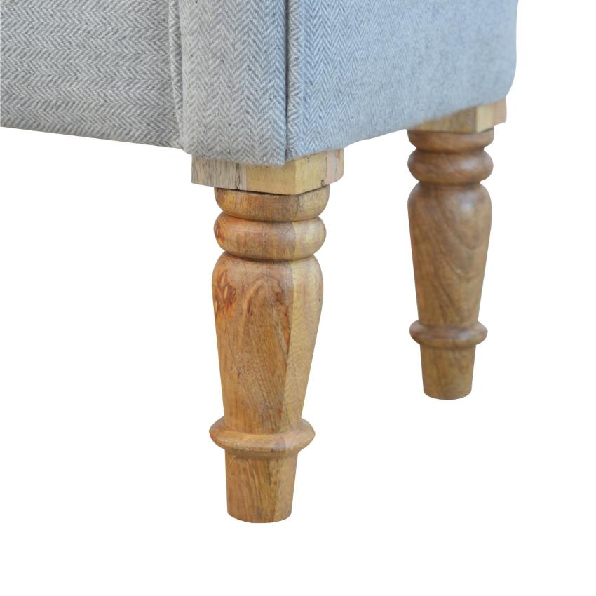 Grey Tweed Scroll Arm Bench | Turned Mango Wood Legs