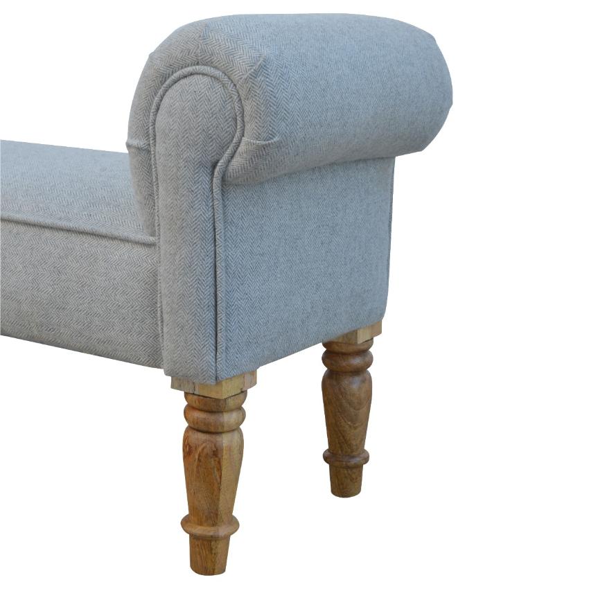 Grey Tweed Scroll Arm Bench | Turned Mango Wood Legs