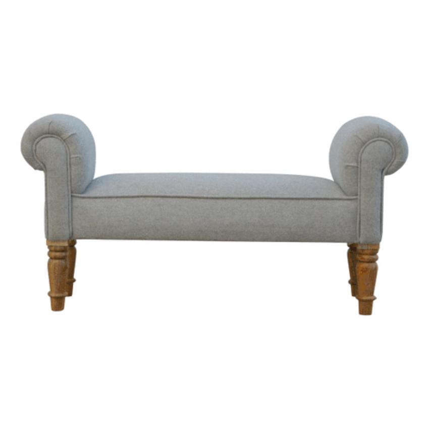 Grey Tweed Scroll Arm Bench | Turned Mango Wood Legs