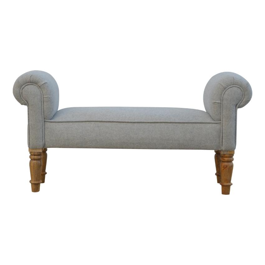 Grey Tweed Scroll Arm Bench | Turned Mango Wood Legs
