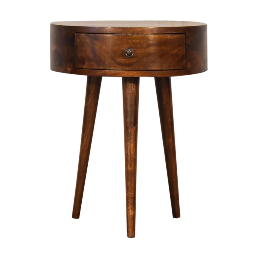 Half-Moon Bedside Table with Drawer | Solid Mango Wood | Chestnut Finish
