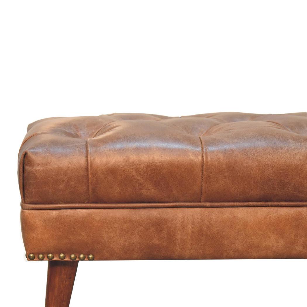Harbour Brown Buffalo Leather Bench | Solid Mango Wood | Deep Buttoned Upholstered Bench