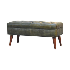 Harbour Olive Green Leather Bench | Buffalo Leather | Solid Mango Wood | Deep Button Seat