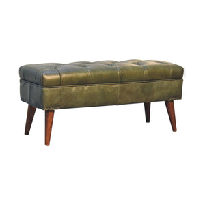 Harbour Olive Green Leather Bench | Buffalo Leather | Solid Mango Wood | Deep Button Seat