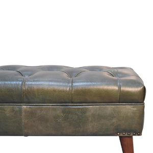 Harbour Olive Green Leather Bench | Buffalo Leather | Solid Mango Wood | Deep Button Seat