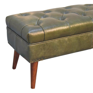 Harbour Olive Green Leather Bench | Buffalo Leather | Solid Mango Wood | Deep Button Seat