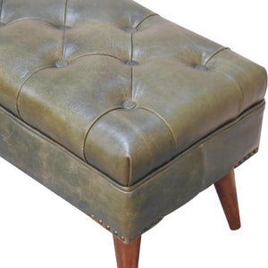 Harbour Olive Green Leather Bench | Buffalo Leather | Solid Mango Wood | Deep Button Seat