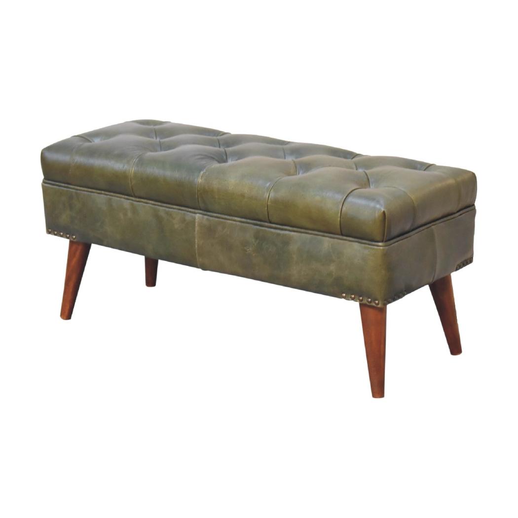 Harbour Olive Green Leather Bench | Buffalo Leather | Solid Mango Wood | Deep Button Seat