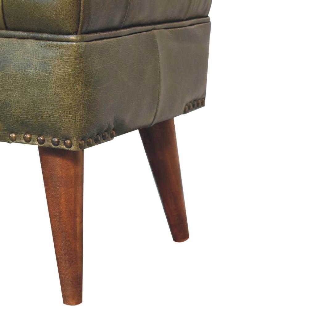 Harbour Olive Green Leather Bench | Buffalo Leather | Solid Mango Wood | Deep Button Seat