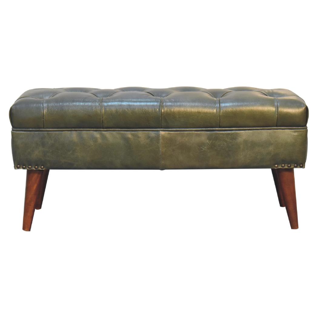 Harbour Olive Green Leather Bench | Buffalo Leather | Solid Mango Wood | Deep Button Seat