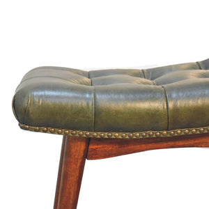 Harbour Olive Green Leather Footstool | Buffalo Leather | Solid Mango Wood | Deep Button Seat