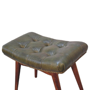Harbour Olive Green Leather Footstool | Buffalo Leather | Solid Mango Wood | Deep Button Seat