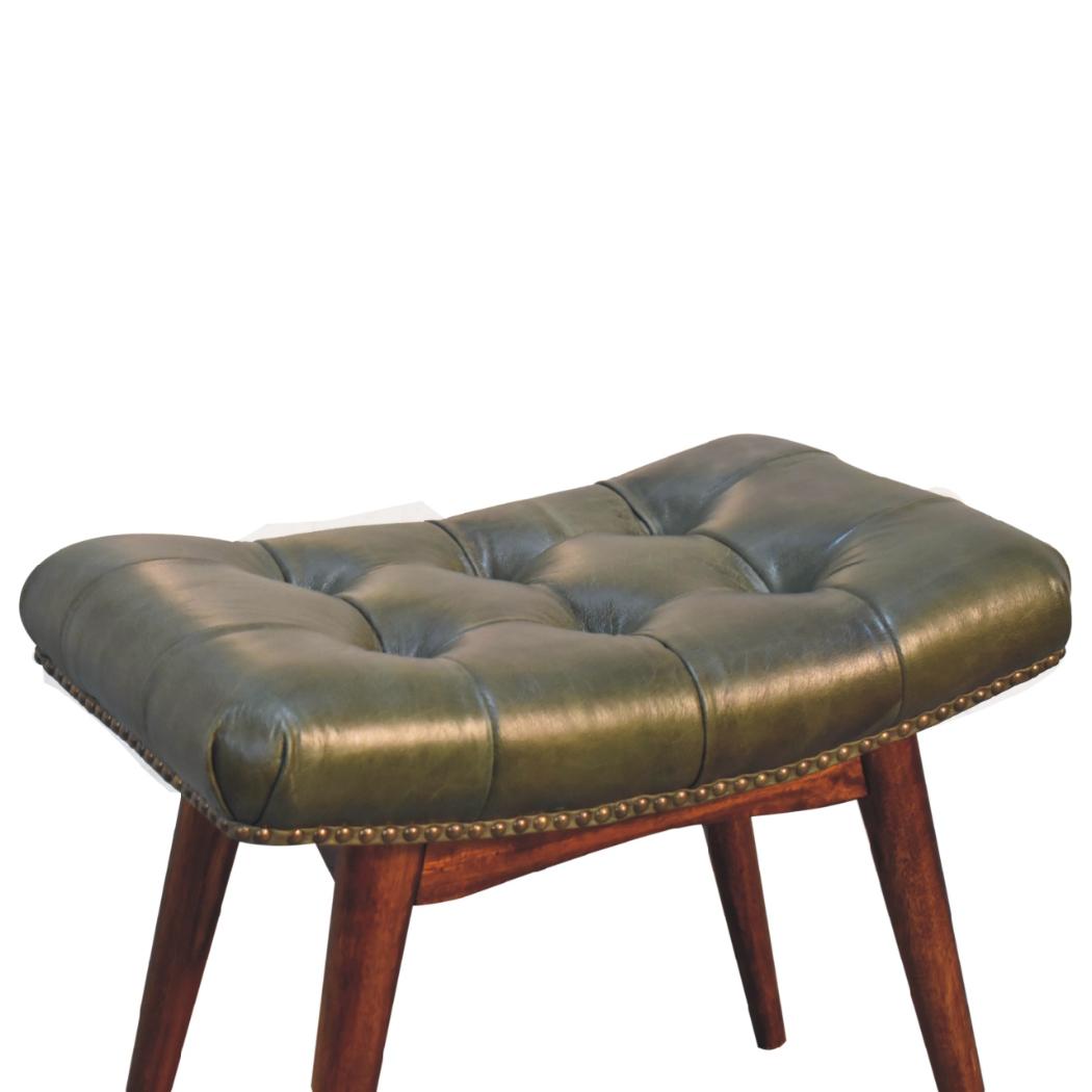 Harbour Olive Green Leather Footstool | Buffalo Leather | Solid Mango Wood | Deep Button Seat