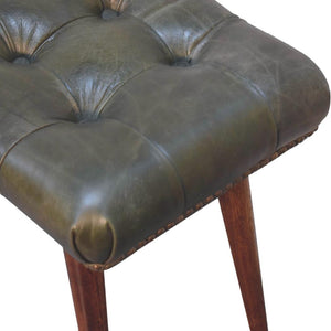 Harbour Olive Green Leather Footstool | Buffalo Leather | Solid Mango Wood | Deep Button Seat