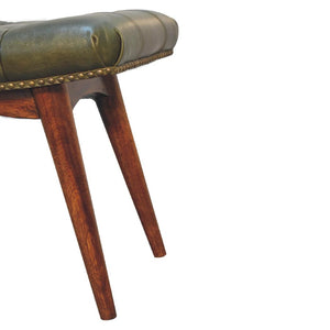 Harbour Olive Green Leather Footstool | Buffalo Leather | Solid Mango Wood | Deep Button Seat