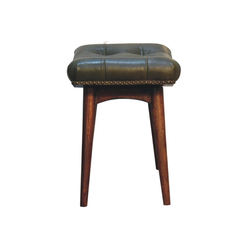 Harbour Olive Green Leather Footstool | Buffalo Leather | Solid Mango Wood | Deep Button Seat