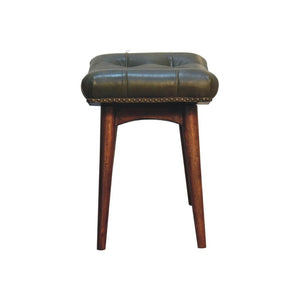 Harbour Olive Green Leather Footstool | Buffalo Leather | Solid Mango Wood | Deep Button Seat