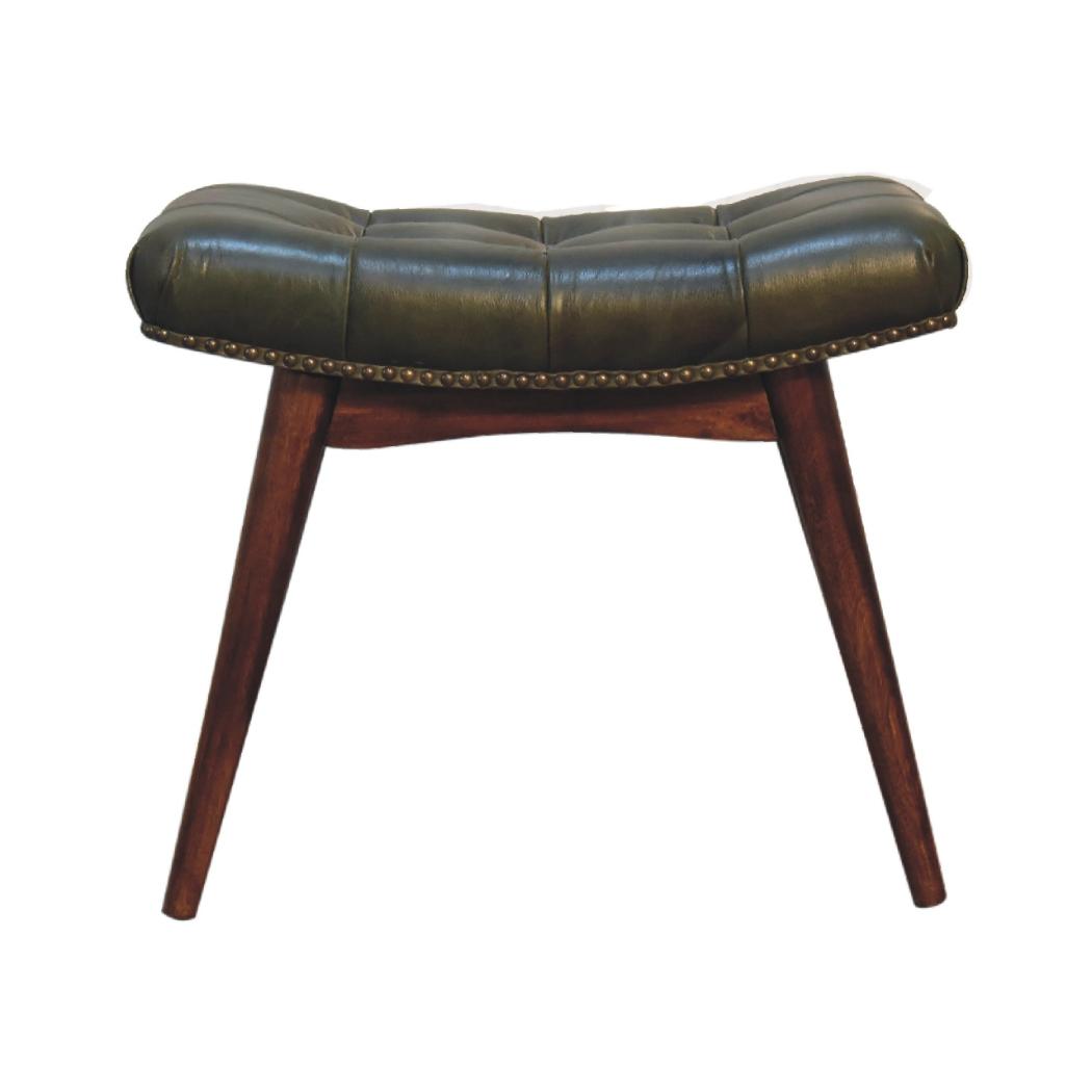 Harbour Olive Green Leather Footstool | Buffalo Leather | Solid Mango Wood | Deep Button Seat