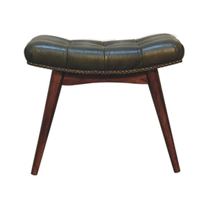 Harbour Olive Green Leather Footstool | Buffalo Leather | Solid Mango Wood | Deep Button Seat