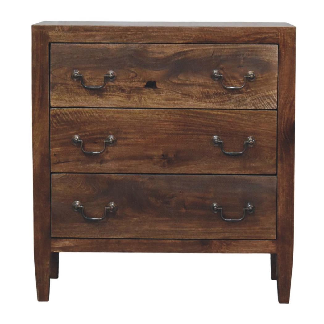 Harlow Compact Chest of Drawers | Solid Mango Wood | Three Drawers | Roasted Almond Finish