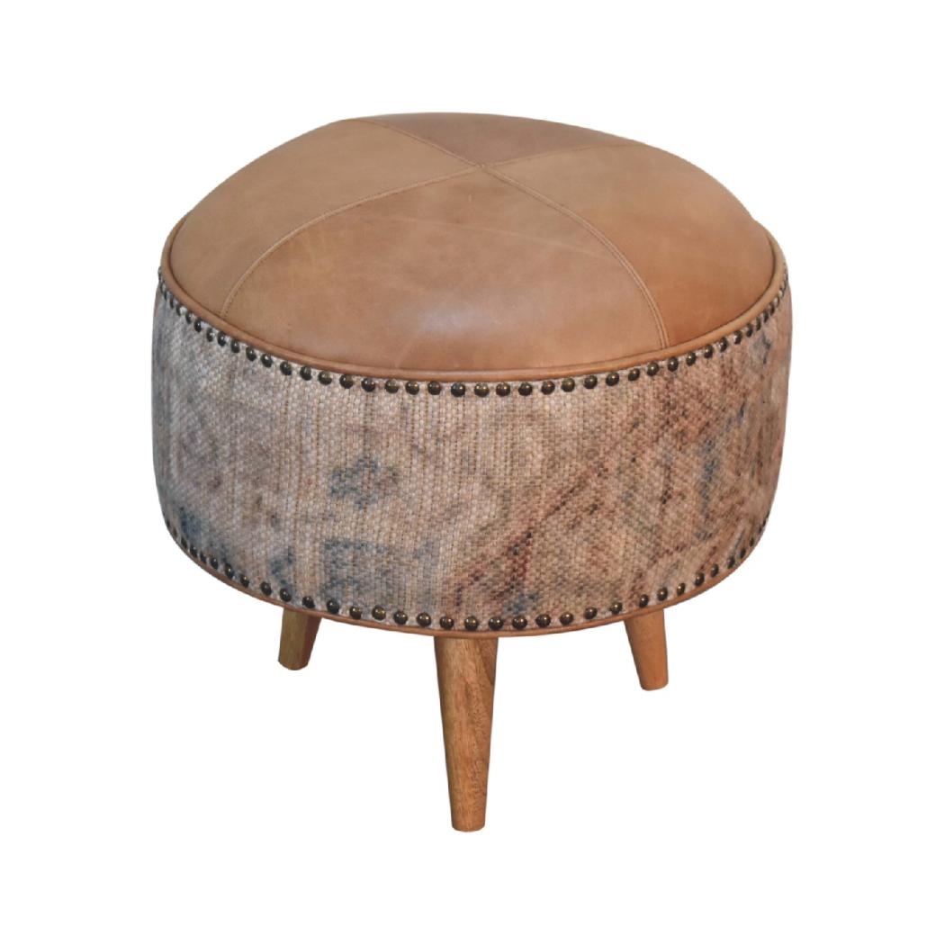 Haven Durrie Round Footstool | Woven Textile Ottoman | Soft Circular Accent