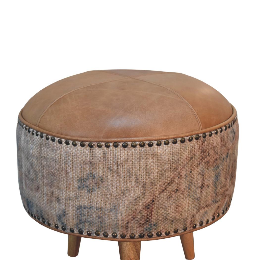 Haven Durrie Round Footstool | Woven Textile Ottoman | Soft Circular Accent