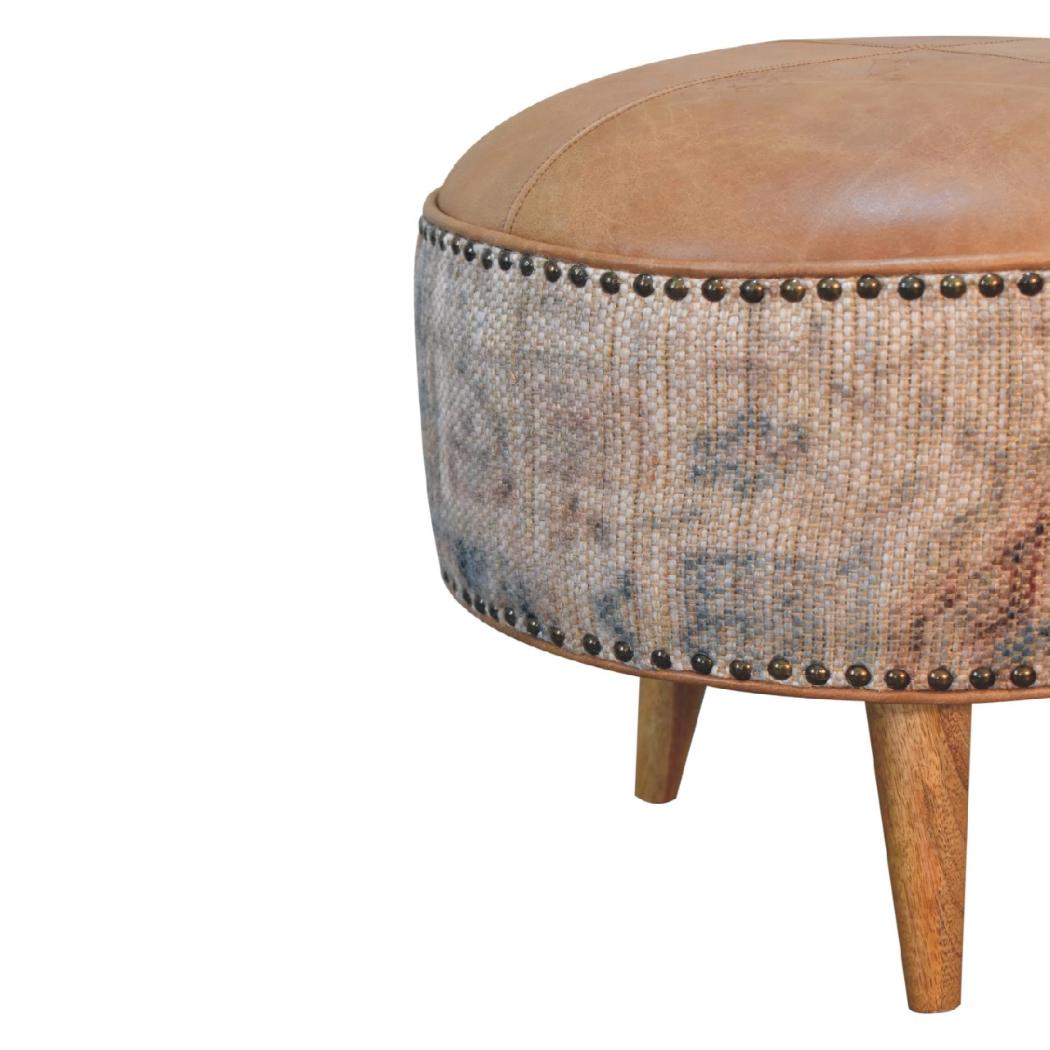 Haven Durrie Round Footstool | Woven Textile Ottoman | Soft Circular Accent