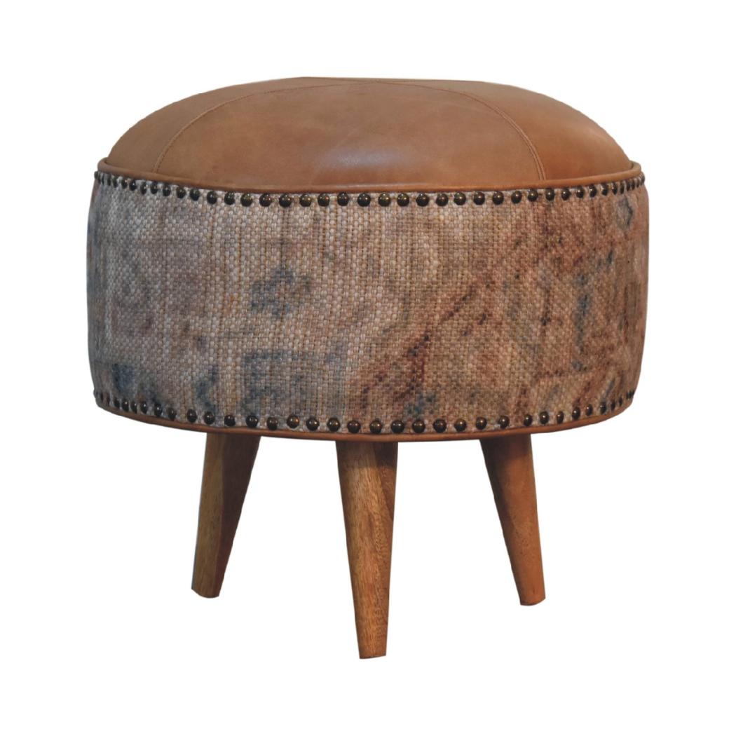 Haven Durrie Round Footstool | Woven Textile Ottoman | Soft Circular Accent