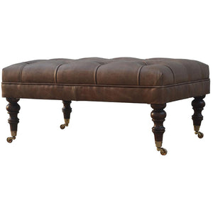 Heritage Buffalo Leather Ottoman | Solid Mango Wood | Deep Buttoned | Walnut Finish