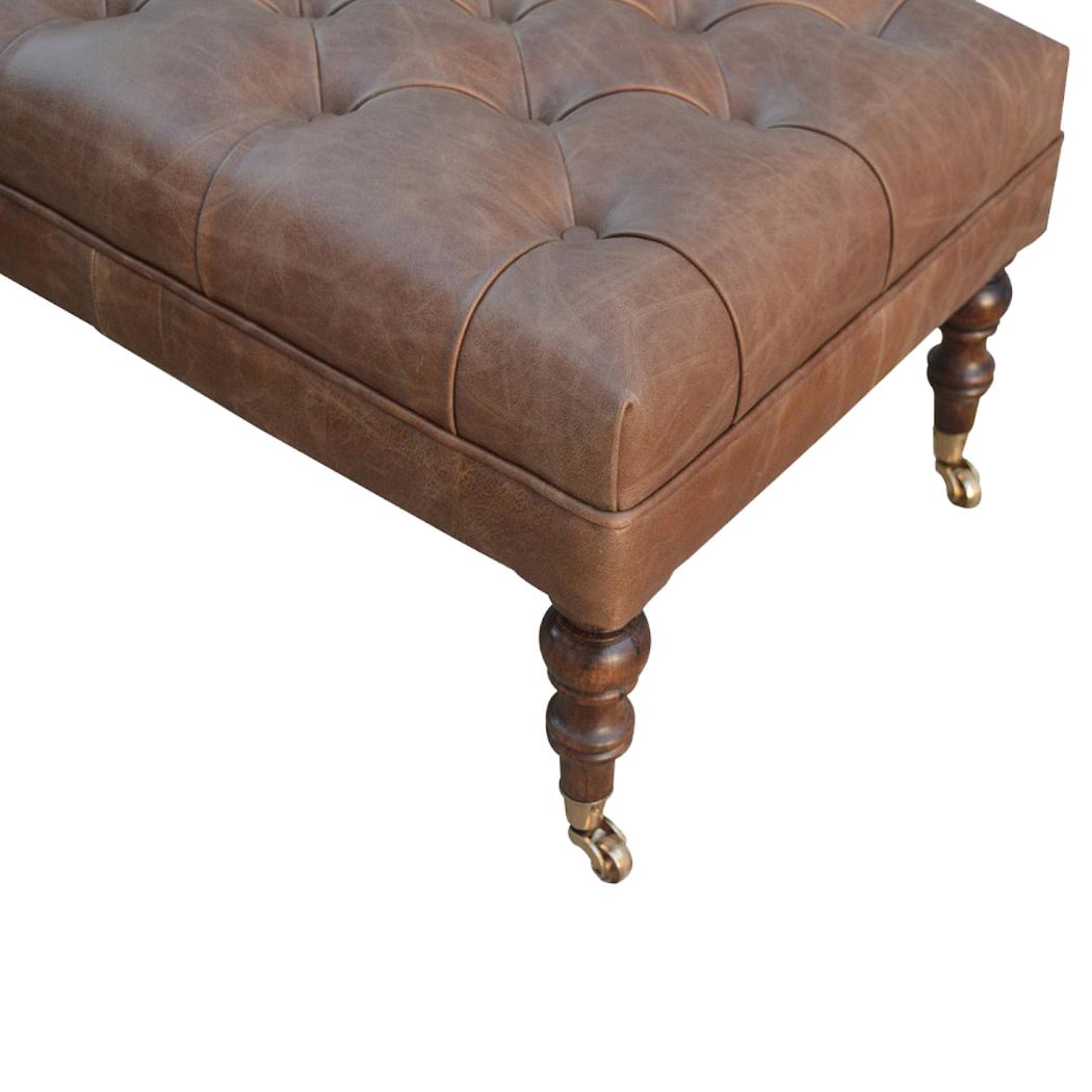 Heritage Buffalo Leather Ottoman | Solid Mango Wood | Deep Buttoned | Walnut Finish
