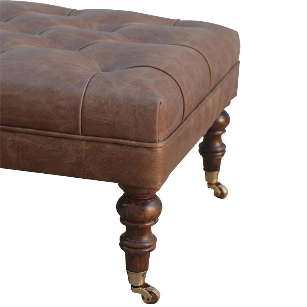 Heritage Buffalo Leather Ottoman | Solid Mango Wood | Deep Buttoned | Walnut Finish