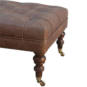 Heritage Buffalo Leather Ottoman | Solid Mango Wood | Deep Buttoned | Walnut Finish