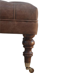 Heritage Buffalo Leather Ottoman | Solid Mango Wood | Deep Buttoned | Walnut Finish
