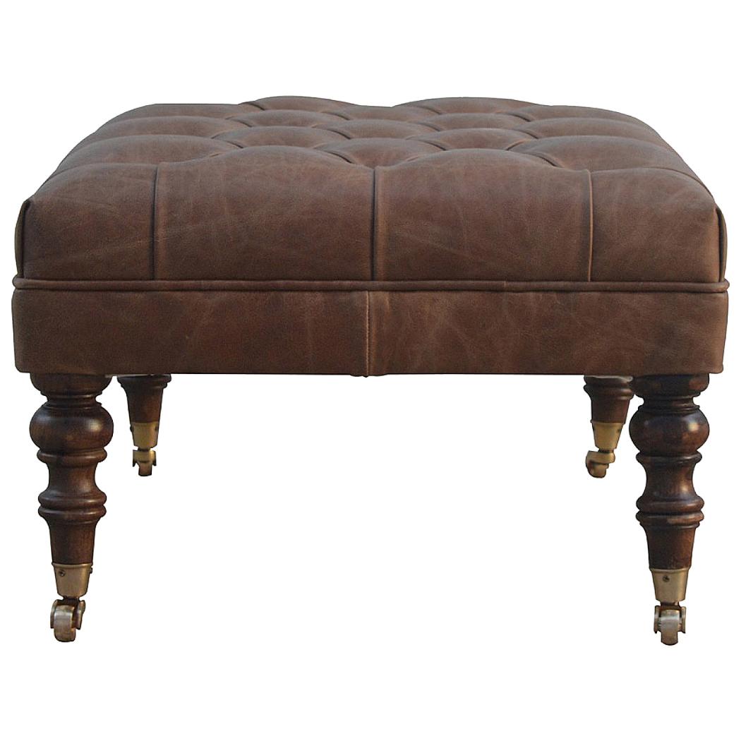 Heritage Buffalo Leather Ottoman | Solid Mango Wood | Deep Buttoned | Walnut Finish